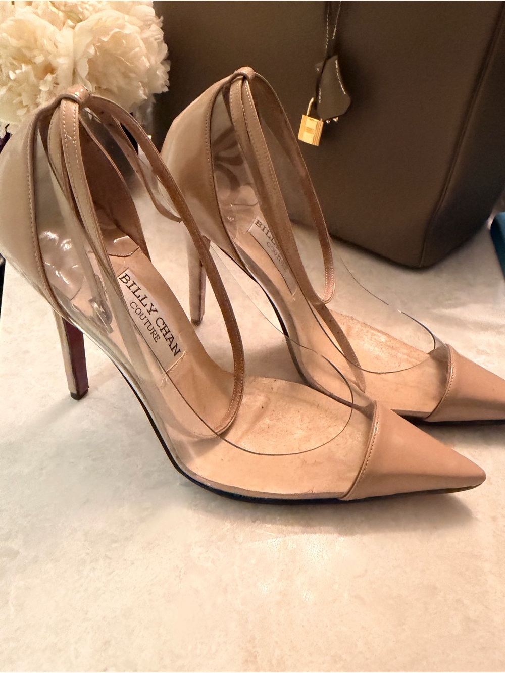 Nude Pointed-Toe Clear Panel Stiletto Heels